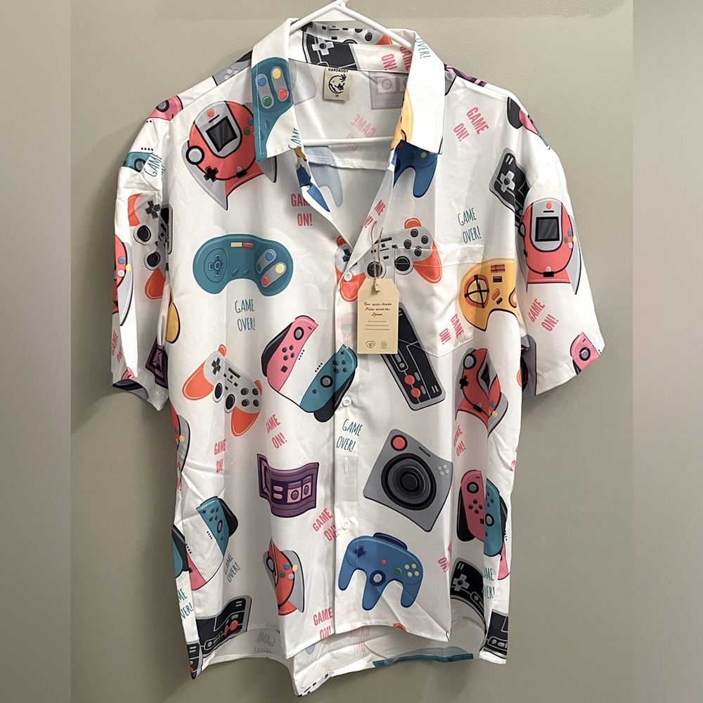 NEW Hardaddy Button Down Short Sleeve Mens Medium Gamer Video Game White Casual